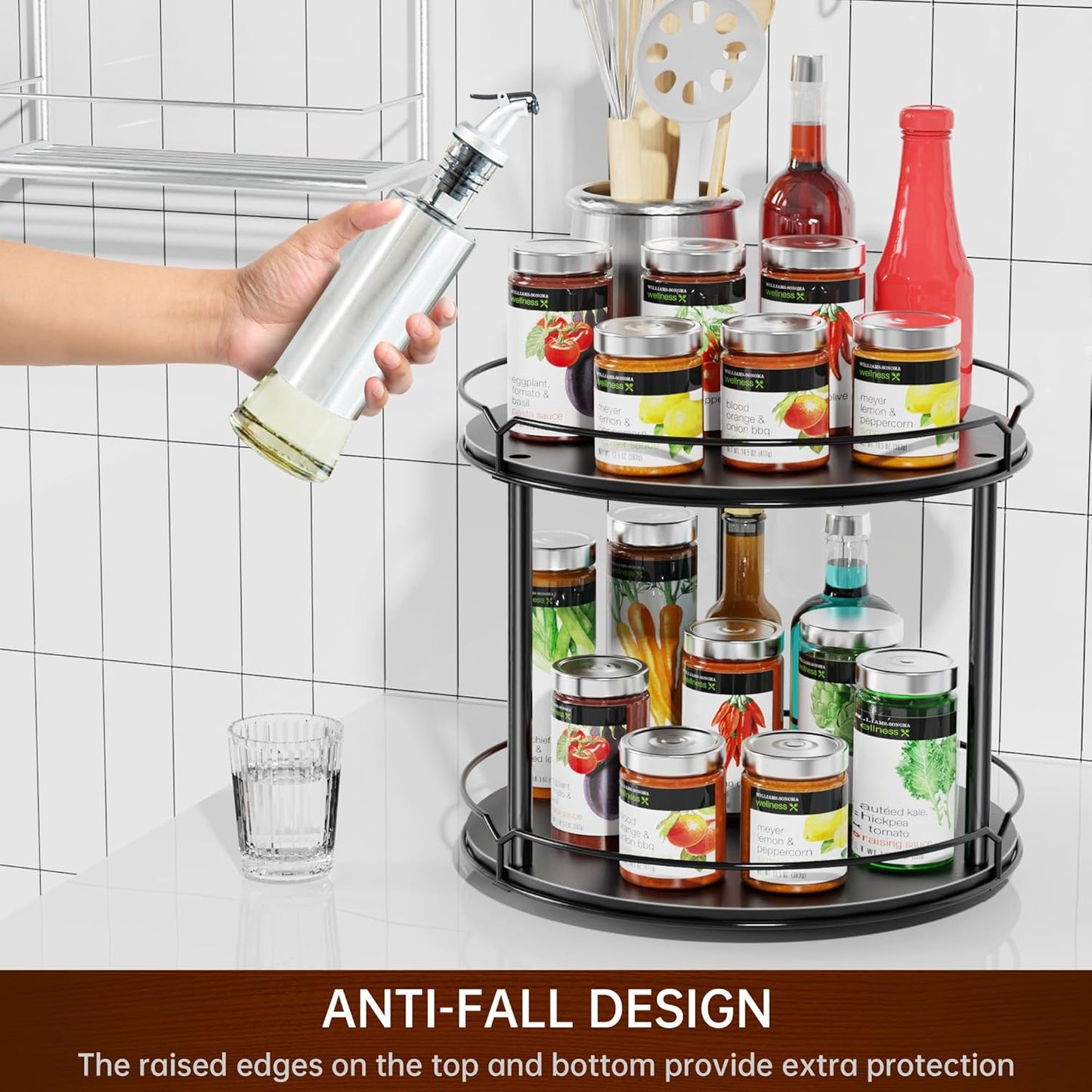 Lazy Susan Organizer 2 Tier - 12.4" Turntable Spice Rack for Table Top, Wooden Rotating Lazy Susan for Cabinet Pantry Kitchen Countertop Dining Table Cupboard Bathroom Vanity Storage(Black)