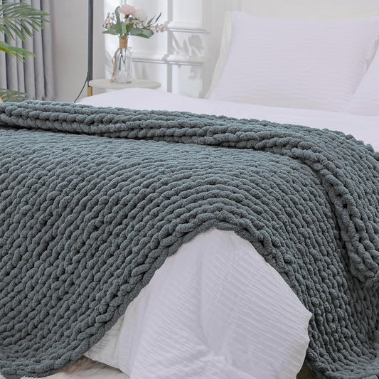 Bigacogo Chunky Knit Throw Blanket for Couch, 40x80 inches, 100% Hand Knitted with Thick Jumbo Chenille Yarn, Cozy Soft Large Rope Knot Cable Crochet Blankets for Sofa Bed Living Room, Iron Gray