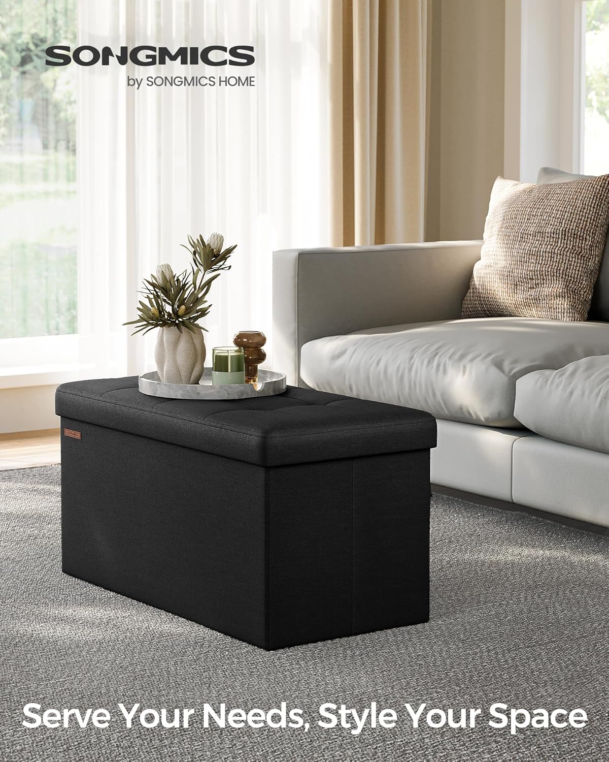 SONGMICS Mazie Collection - 30 Inches Folding Storage Ottoman Bench, Ottoman Foot Rest, End of Bed Bench, Storage Chest, Load 660 lb, for Living Room, Bedroom, Entryway, Ink Black ULSF047B01