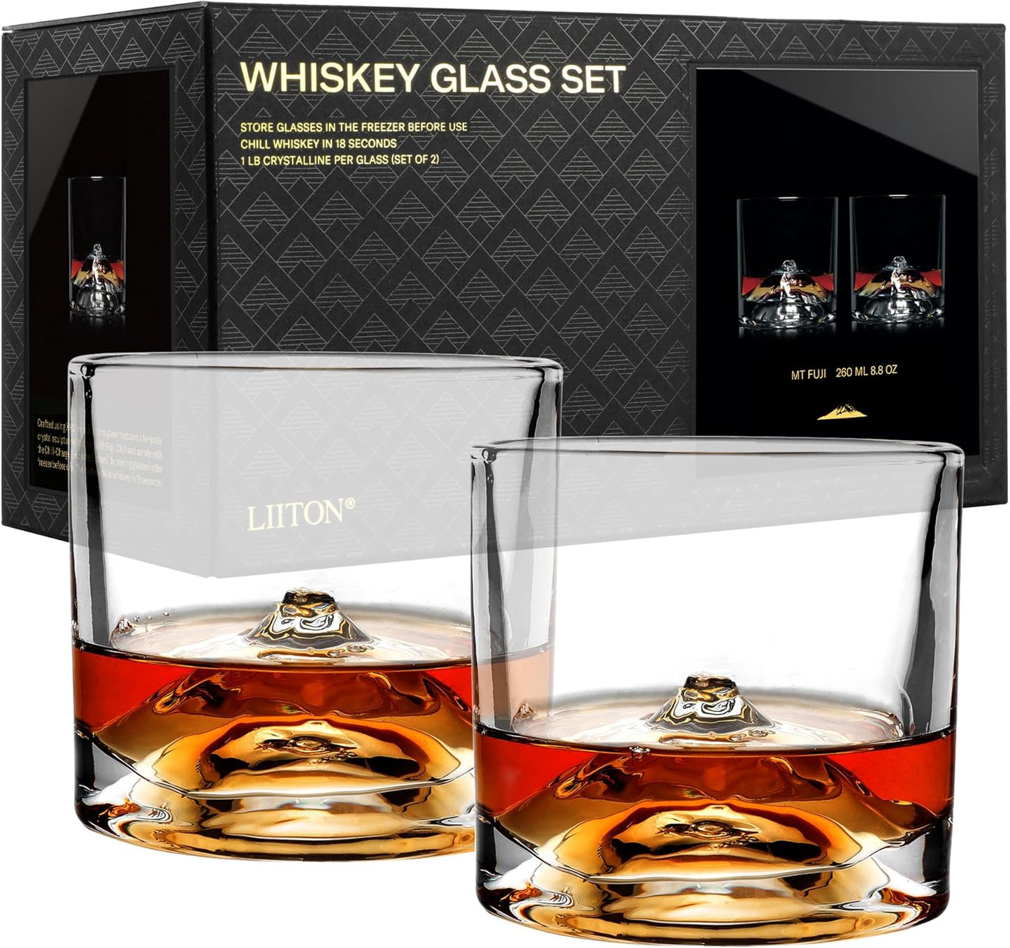 Mount Fuji Heavy Crystal Whiskey Glasses Gift Set of 2, Thick Freezable Bourbon Glass 1lb Each, Premium Whiskey Gifts for Men, Frozen Crystal Chills Cocktails, 10 oz