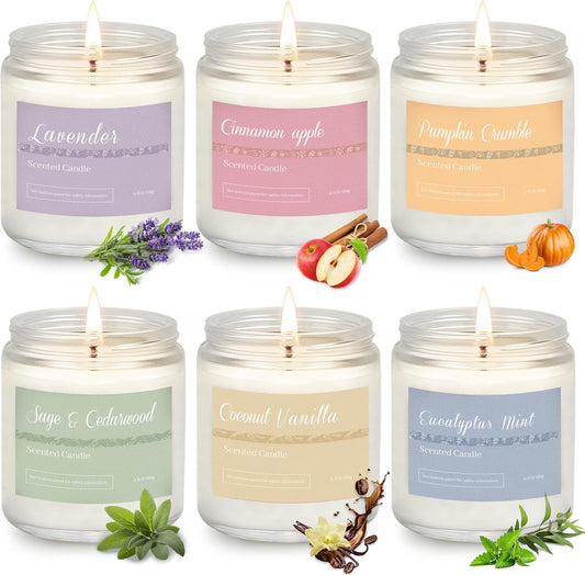 6 Pack Fall Candles for Home Scented, Fall Scented Candles for Women Gifts Autumn Home Decor, Natural Non Toxic Soy Candle Set Pumpkin/Cinnamon Apple/Vanilla/Lavender/Sage/Eucalyptus