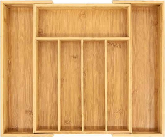 VaeFae Bamboo Drawer Organizer, Expandable Silverware Drawer Organizer, Cutlery Tray with Dividers for Kitchen Utensils, Medium