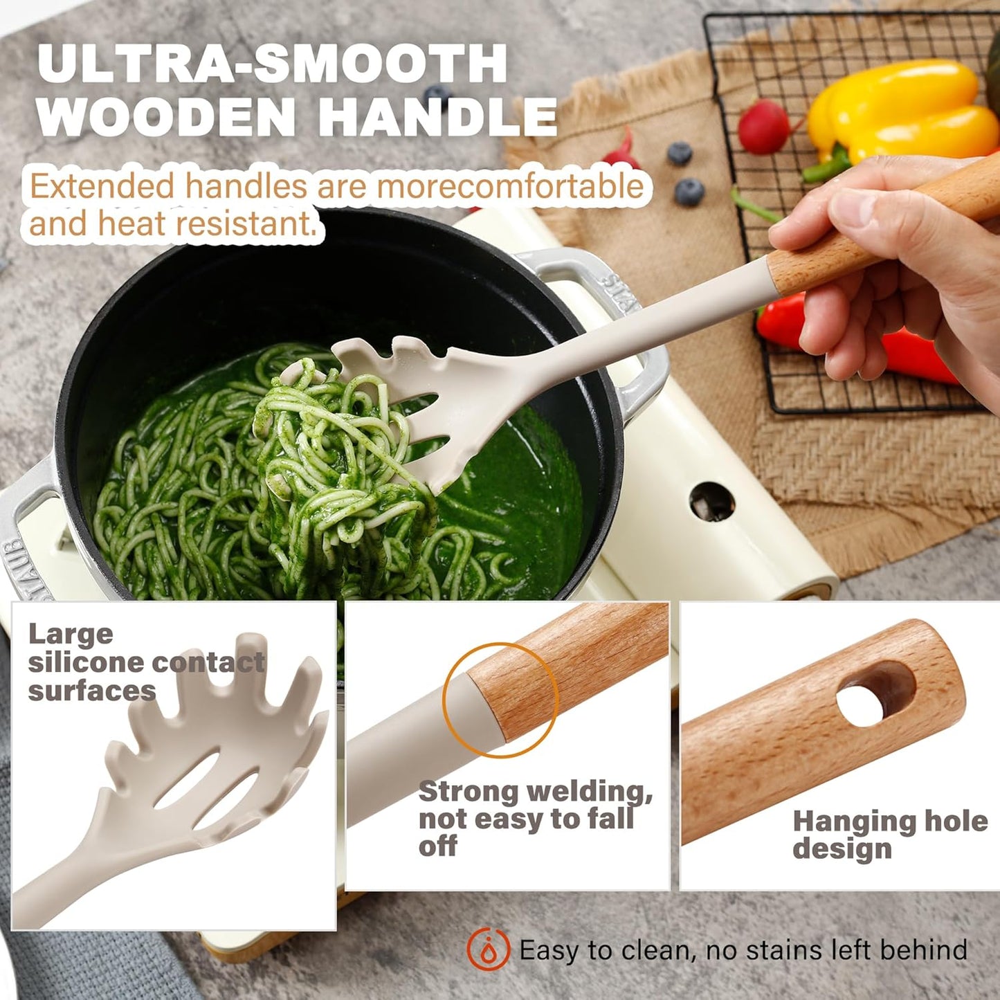 QMVESS Silicone Cooking Utensils Set, Kitchen Utensils Set 7 Pcs with Long Wooden Handle, Food Grade and Heat Resistant Large Silicone Spatula Set for Nonstick Cookware, BPA Free（Khaki）