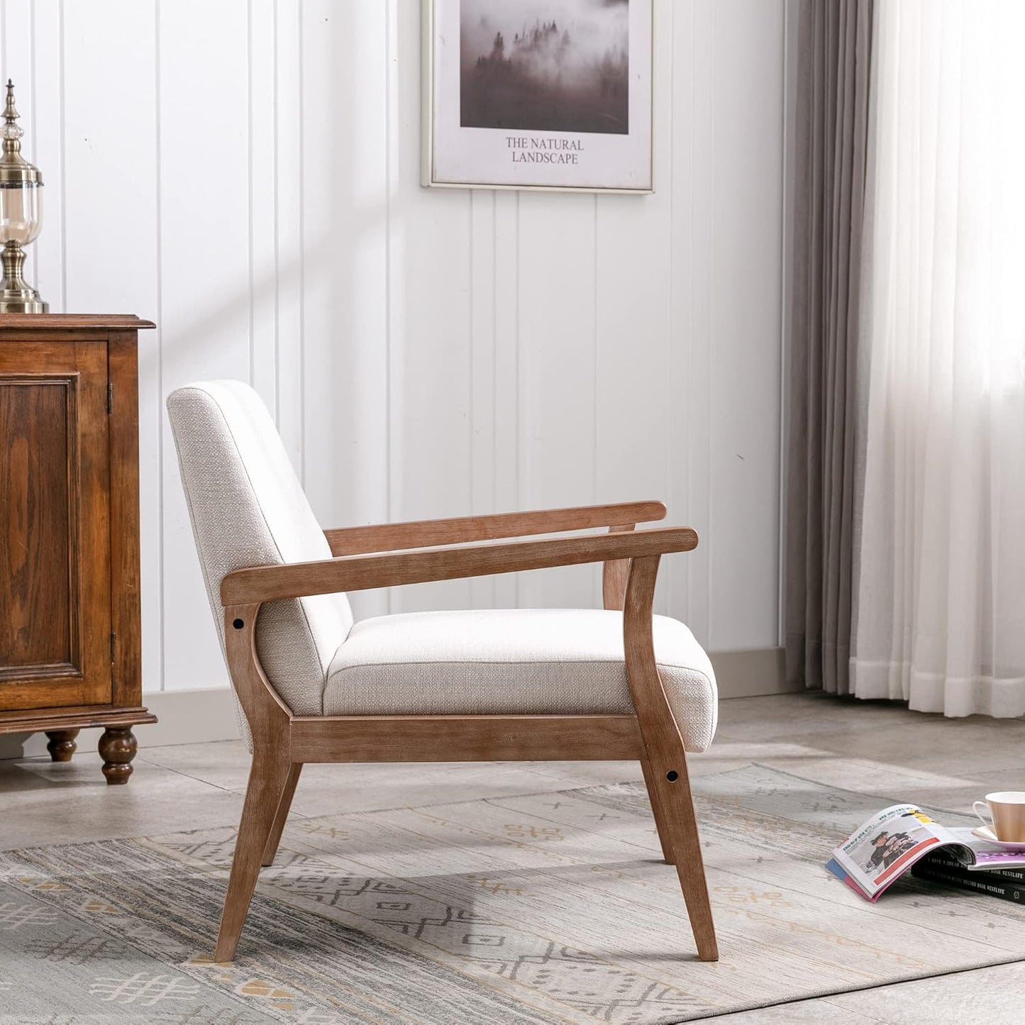 Mid Century Modern Accent Chair Set of 2, Linen Upholstered Living Room Accent Armchair with Wood Frame, Farmhouse Chair for Living Room Bedroom, Ivory