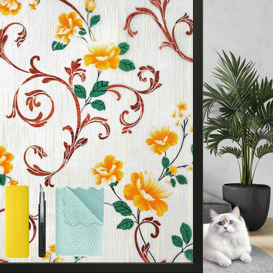 Niviy Stained Glass Window Privacy Film with Installation Tools, 3D Frosted Glass Window Decals UV Protection Sun Blocking Static Clings Non Adhesive Window Stickers for Home 17.5 x 78.7 inch