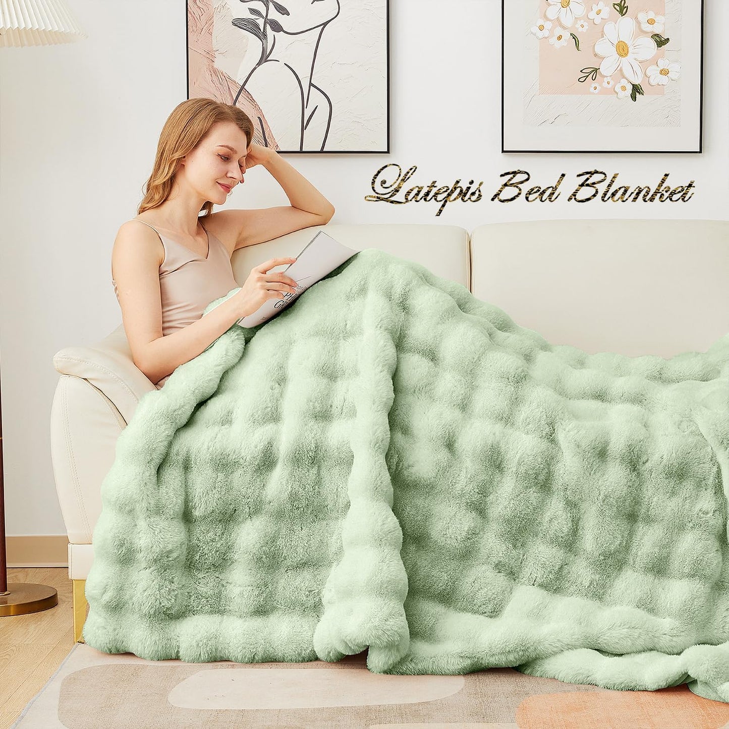 Latepis Faux Fur Throw Blankets Sage Green Bubble Cozy Soft Heavy Blanket for Couch Fuzzy Thick Blanket for Sofa Bedroom Plush Fluffy Warm Blankets for Winter Luxury Throw Blanket 50''x60'', 860gsm