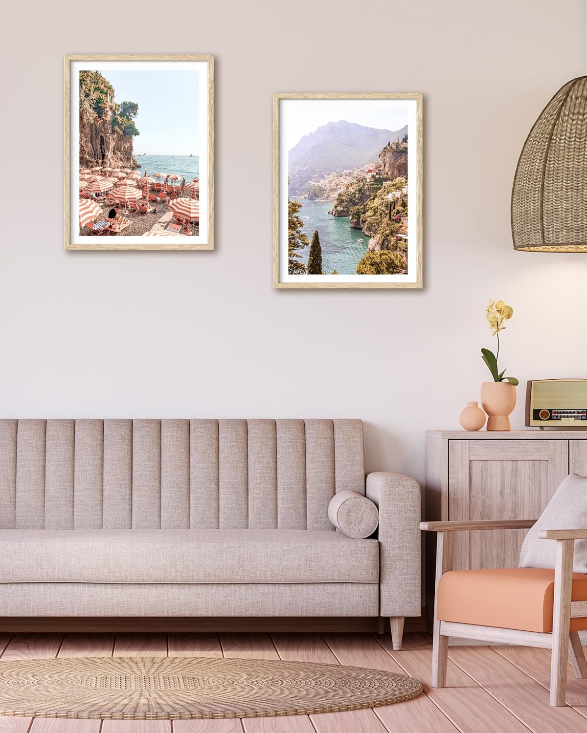 HesenDot Natural OAK Wood Framed Summer in Positano Wall Art,12x16in Italy Amalfi Coastal Canvas Wall Print,Arienzo Beach Umbrellas Poster Wall Decor for Living Room,Bedroom,Office Gallery Set of 1