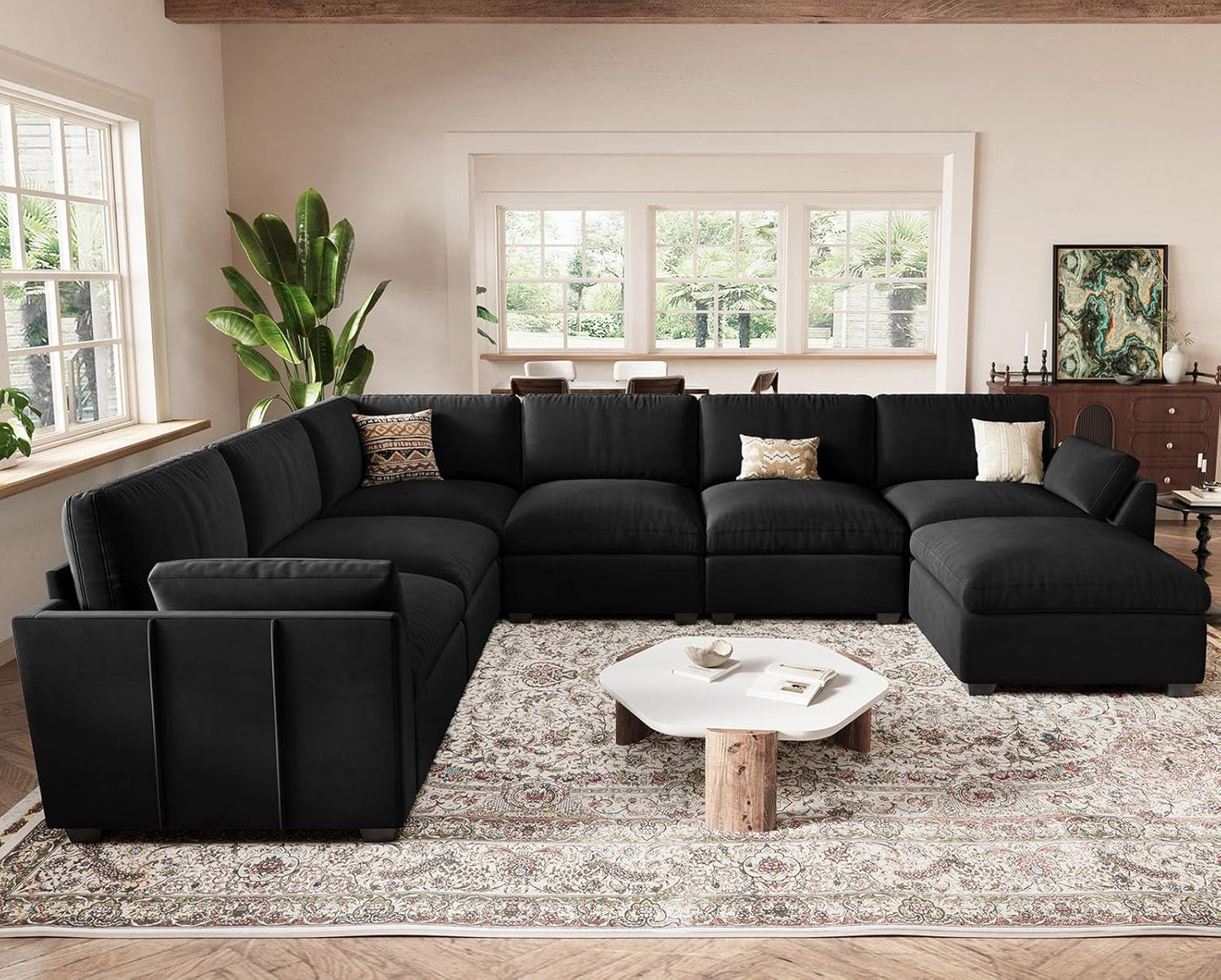 Belffin Oversized Sectional Couch,137.8" 7-Seater U Shaped Modular Sectional Sofa with Ottoman,Convertible Velvet Couches for Living Room,Black Couch