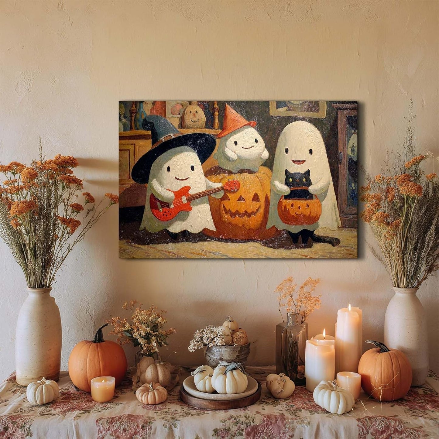 Laoife Vintage Halloween Canvas Wall Art, Autumn Pumpkin Cute Ghost Canvas Prints, Halloween Party House Decoration (Ghost 4)