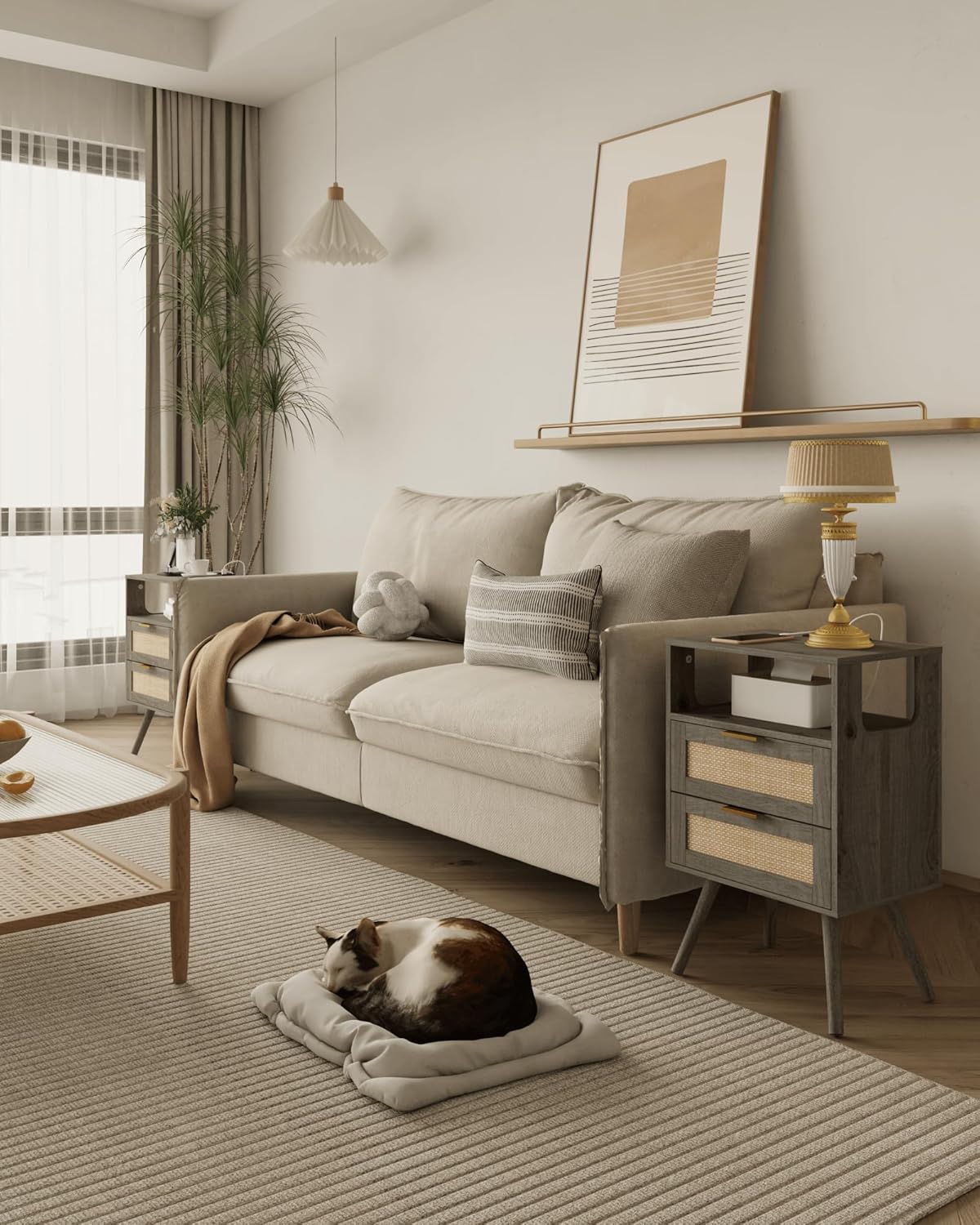 Rattan Nightstand with Charging Station,Modern Bedside Table with 2 Storage Drawer and Open Wood Shelf, for Bedroom and Small Spaces,Night Stand with Solid Wood Legs (Grey Oak)