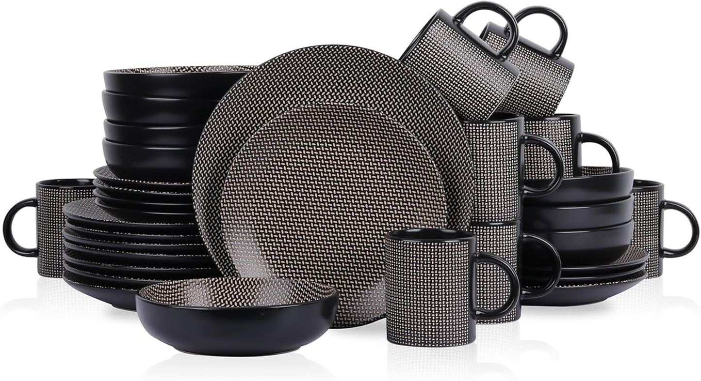 Stone Lain Daisy Stoneware 32-piece Round Dinnerware Set, Brown and Black