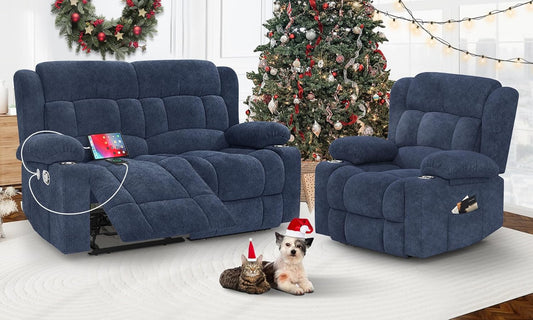 Loveseat Recliner Sofa Set with 2+1 Pieces, 2 Seater Minimalist Style Fabric Manual Pull Tab Reclining Loveseat with USB Charge Ports, Cup Holders, Recliner Couches for Living Room, RV, Blue