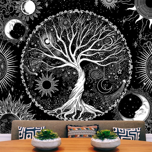AACKart Tree of Life Tapestry for Bedroom Aesthetic Room Decor-Black and White Spiritual Tree Tapestry Wall Hanging with Sun Moon Star 59.1 x 51.2 inches