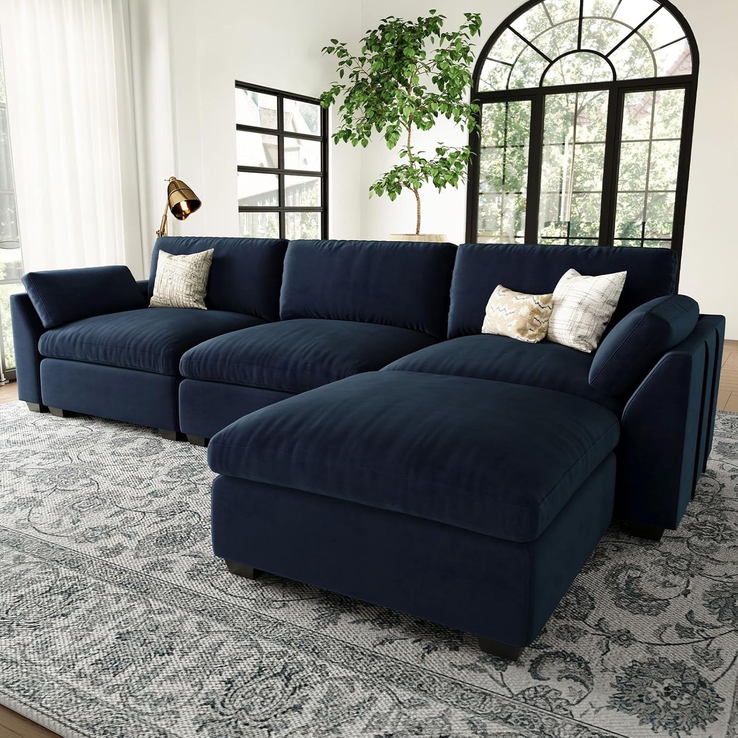 Belffin Extra Large Modular Sectional Sofa,106.3" 4-Seater L Shaped Couch,Velvet Convertible Sectional Couches for Living Room,Comfy Upholstered Modern Cloud Couch,Blue Sofa
