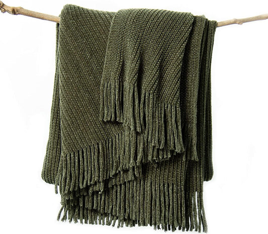 lifein Throw Blanket for Couch, Soft Green Boho Decor Bed Throw,Cozy Knitted Chenille Farmhouse Lightweight Throw for Spring(Olive Green,60 * 80")