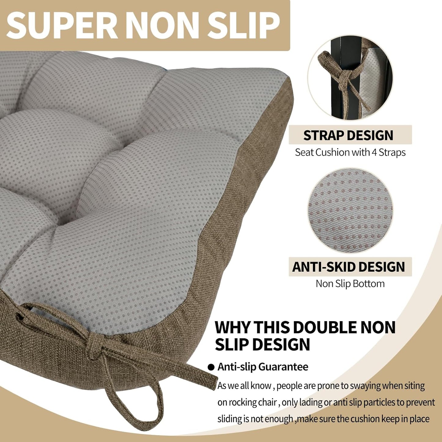 BUYUE Chair Cushion Set for Rocking Chair, Back Pillow & Seat Cushion with Ties, Original Woven Fabric Non-Slip Chair Pads for Elderly Sitting, Brown