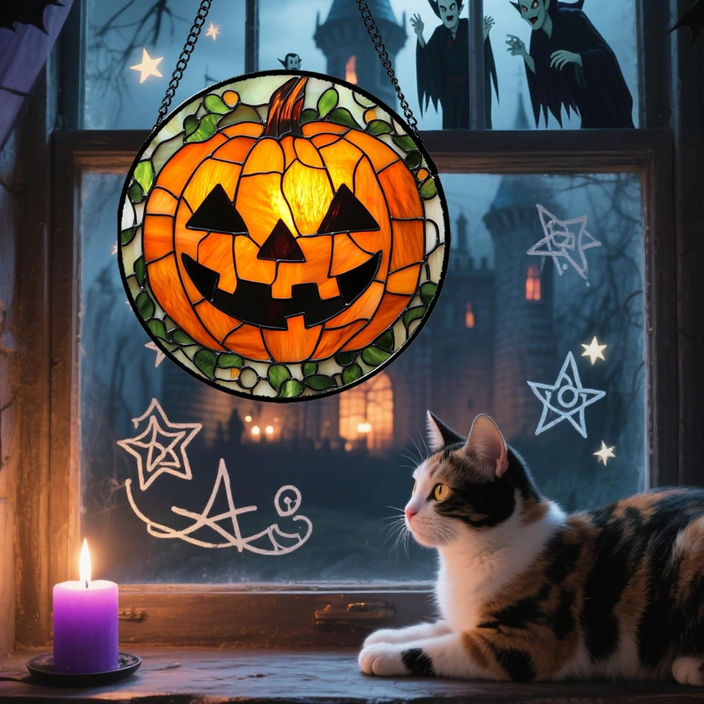 Stained Glass Window Hanging, Halloween Decorations Evil Pumpkin Suncatcher for Doors Garden Indoor Spooky Funny Orange Sun Catchers Gothic Decor Horror Gifts for Women Men Friend 11.8 in