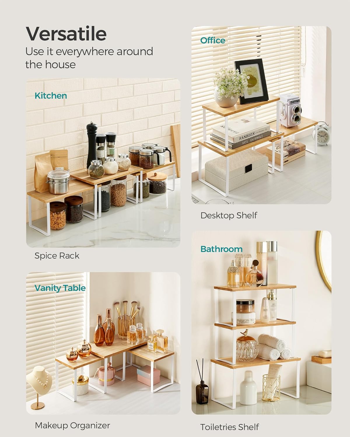 SONGMICS Cabinet Organizer Shelf, Set of 3 Kitchen Counter Shelves, Kitchen Storage, Spice Rack, Stackable, Expandable, Cloud White and Natural Beige UKCS014W01