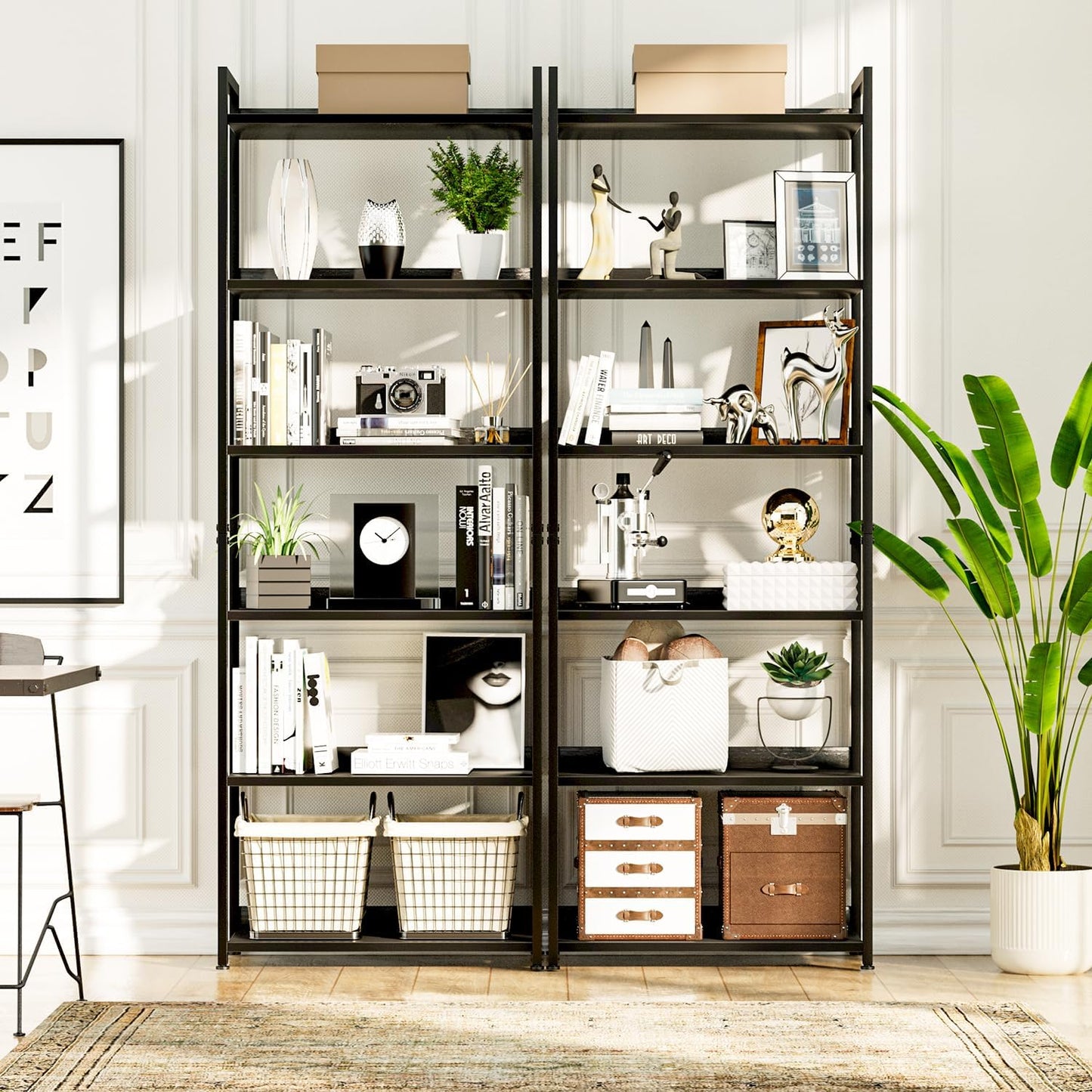 NUMENN Bookshelf, 6 Tier Bookshelves, Home Office Bookcase Shelf Storage Organizer, Free Standing Storage Shelving Unit for Bedroom, Living Room and Home Office, Black