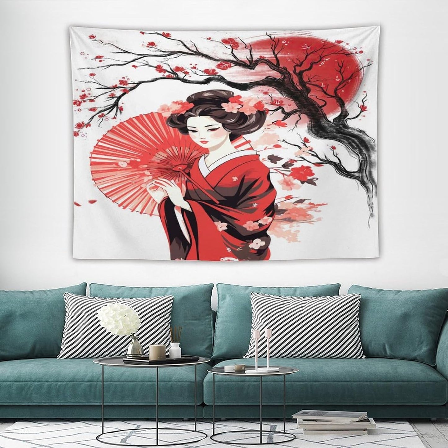 Japanese Red Geisha Tapestry Asian Cherry Blossom Traditional Kimono Folk Tapestries Home Decor for Living Room Bedroom Apartment Farmhouse Dorm 80"x60"