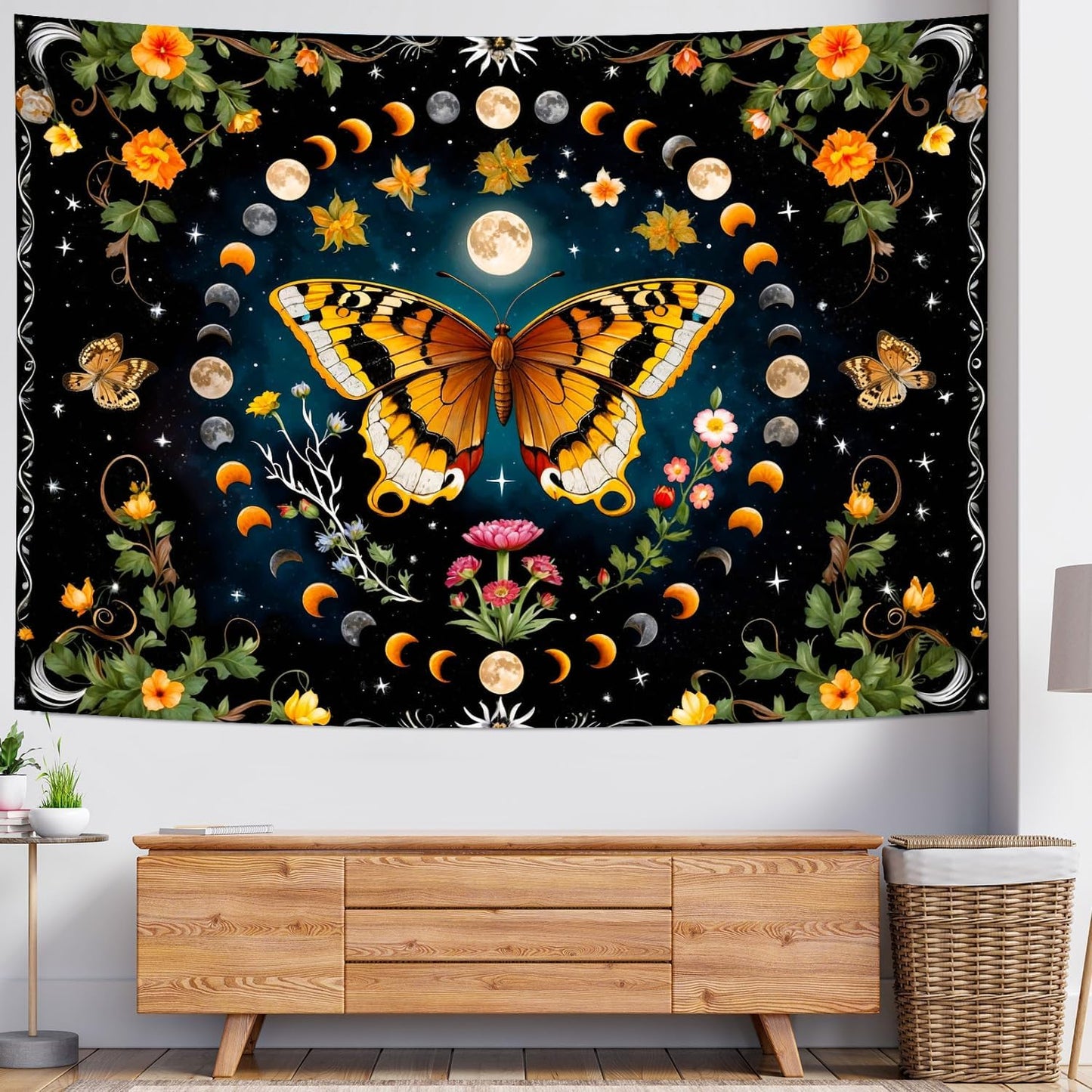 Delur Butterfly Moon Flower Tapestry Botanical Floral Plant Boho Tapestry Wall Hanging Mandala Aesthetic Mushroom Retro Vintage Headboard for Bedroom Living Room Home Decor (70.8" x 92.5")