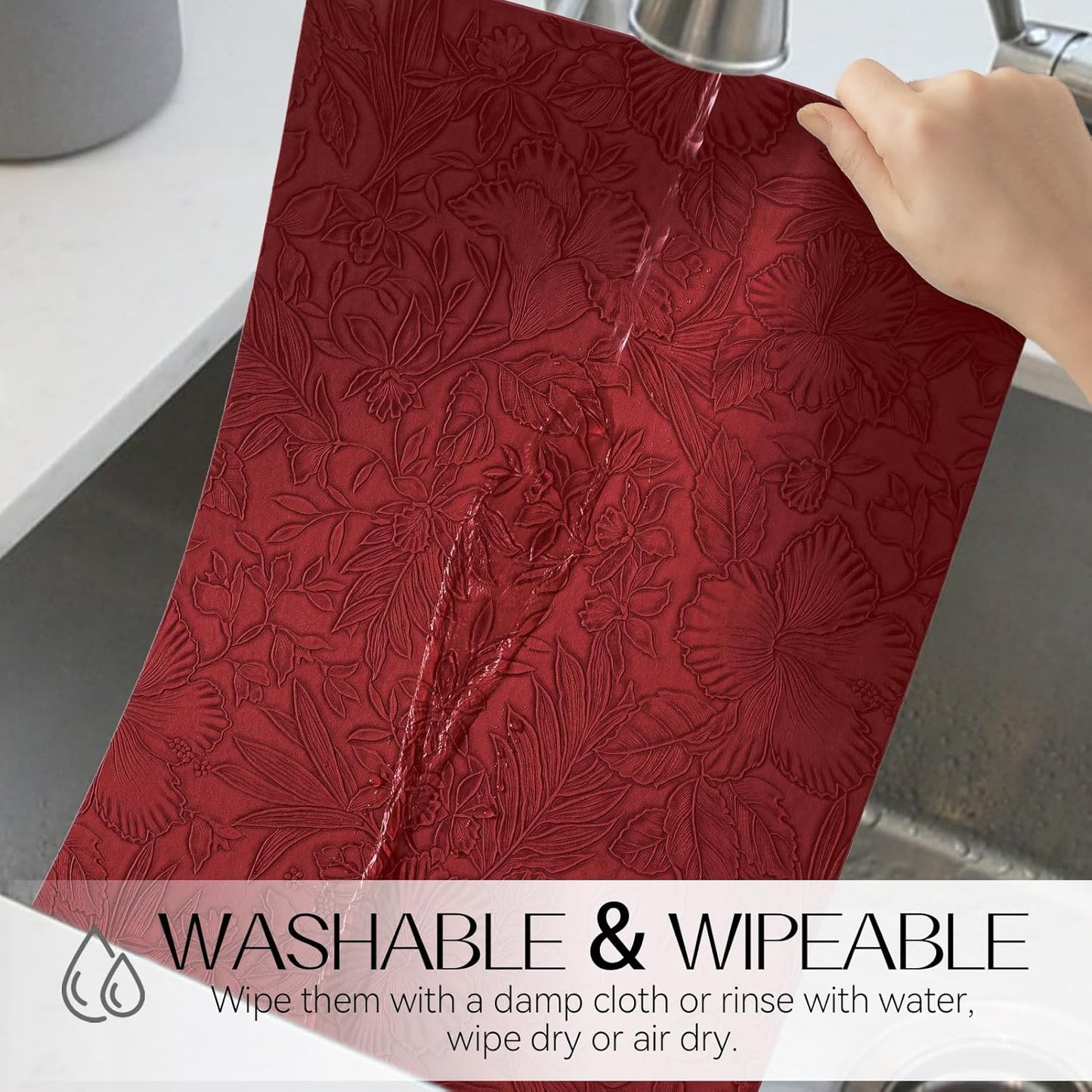 Romanstile Vinyl Placemats Set of 8-12 X 18 Inch - Heat Resistant Non-Slip Embossed Floral Place Mats 100% Waterproof Oilproof Wipeable Faux Leather Table Mats for Kitchen/Dining/Party, Red