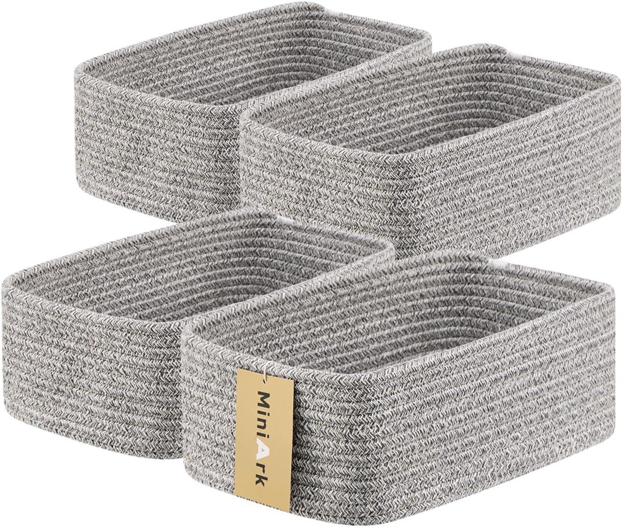Small Storage Baskets for Organizing | Closet Organizer Bins | Shelf Toy Basket | Woven Rope Baskets | Cube Decorative Box | Shallow Basket | 11.5x7.5x4.7” | 4 Packs Mixed Grey