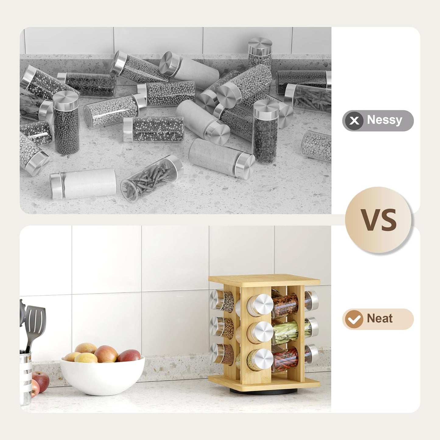 WelFurGeer Bamboo Spice Rack Organizer for Countertop, Revolving Spice Shelf with 12 Glass Jars, Lids & Labels, Desktop Rotating Seasoning Organizer for Kitchens, Space-Saving Design