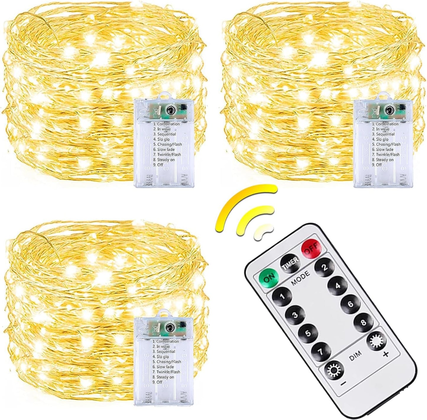 3 Pack 60LED Battery Operated Fairy Lights with Remote, 8 Modes LED String Lights with Timer, Dimmable, Memory Function, Waterproof Twinkle Fairy Lights for Outdoor Indoor Christmas Decor(Warm White)