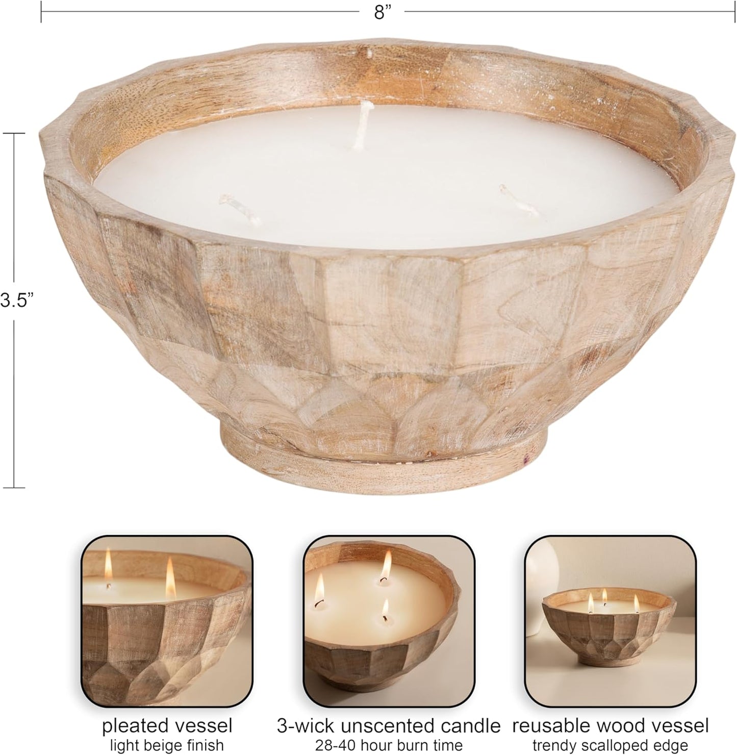 Kate and Laurel Plete Round Pleated Wood Candle Bowl, 8 Inch Diameter, Light Natural, Modern Scalloped Three-Wick Unscented Candle with Decorative Bowl for Living Room Decor