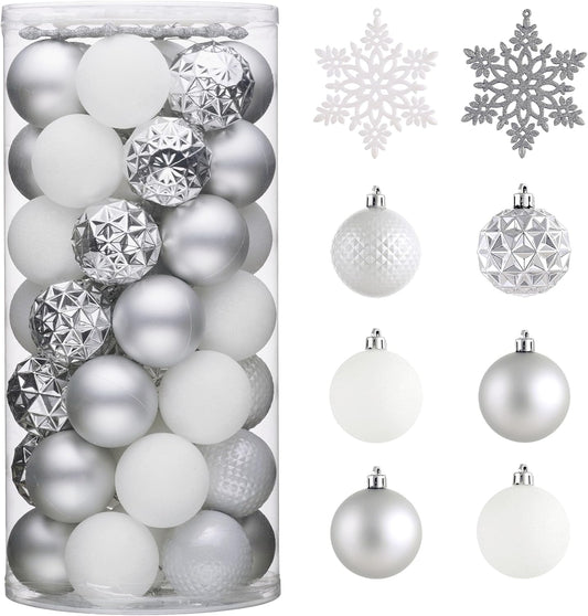 Valery Madelyn Christmas Tree Decorations Ornament Set for Fall Halloween, 50ct 2.36 Inches White and Silver Shatterproof Christmas Ball Ornaments Hanging Xmas Holiday Party Decor