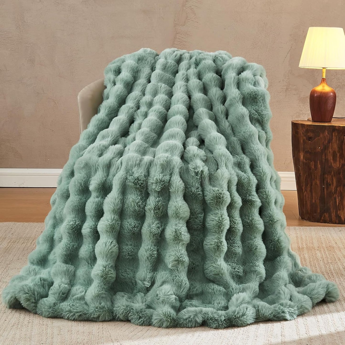 Lotus Karen Faux Fur Throw Blanket Sage Green - Big Bubble Rabbit Fluff Blanket for Couch Bed Sofa,Softest Fluffy Fuzzy Cozy Blanket, Plush Thick Furry Shaggy Warm Blankets for Women,50x60 Inches