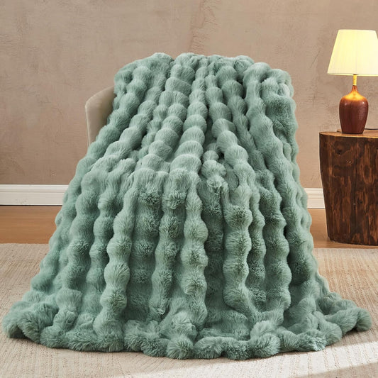 Lotus Karen Faux Fur Throw Blanket Sage Green - Big Bubble Rabbit Fluff Blanket for Couch Bed Sofa,Softest Fluffy Fuzzy Cozy Blanket, Plush Thick Furry Shaggy Warm Blankets for Women,50x60 Inches