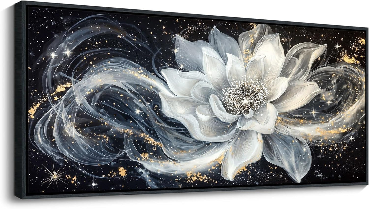 QZQCBLC Extra Large Wall Art, Black and White Lotus Modern Abstract Flower Pictures Gold Silver Canvas Framed Painting Artwork for Living room Bedroom kitchen Hallway Home Office Decor 32x71 IN