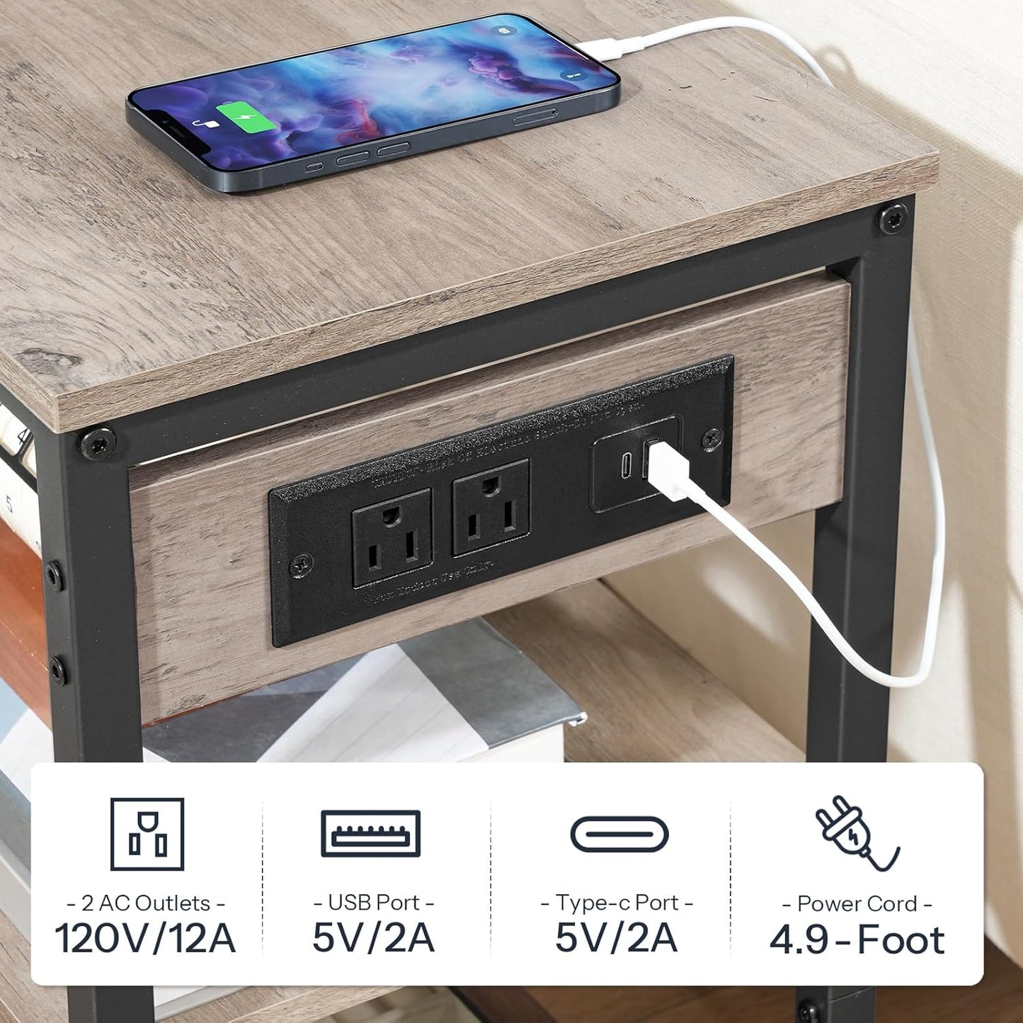 HOOBRO End Table with Charging Station, Simple Rustic Side Table with 3-Tier Storage Shelf, Narrow Nightstand for Small Spaces, for Living Room, Industrial Design, Greige and Black BG149UBZ01