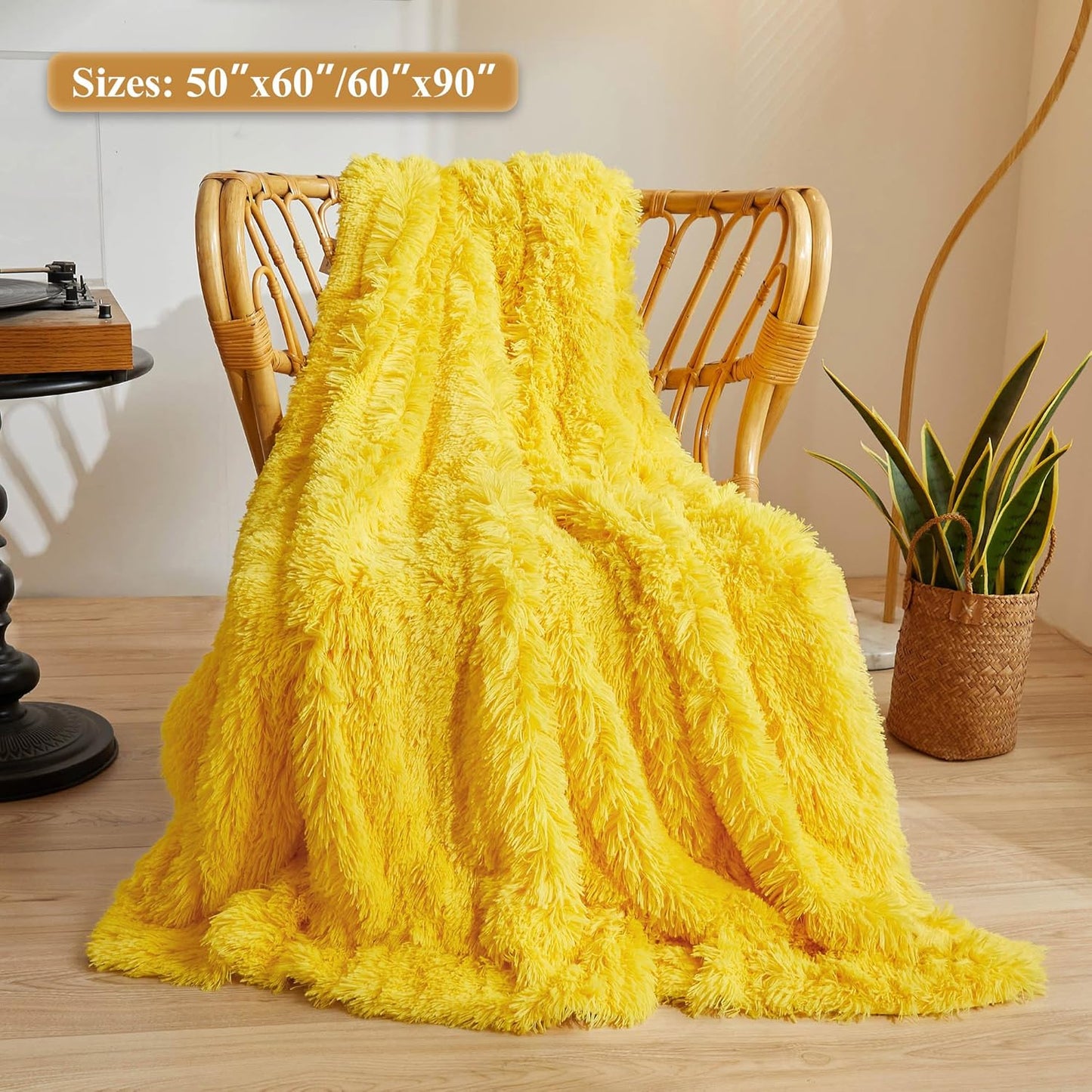 XeGe Luxury Faux Fur Blanket, Yellow Soft 60x90 Fluffy Throw for Bed, Cozy Shaggy Plush Couch Throw, Cute Furry Fuzzy Big Blanket for Kids Women Men Teen Girls Yellow, 60x90