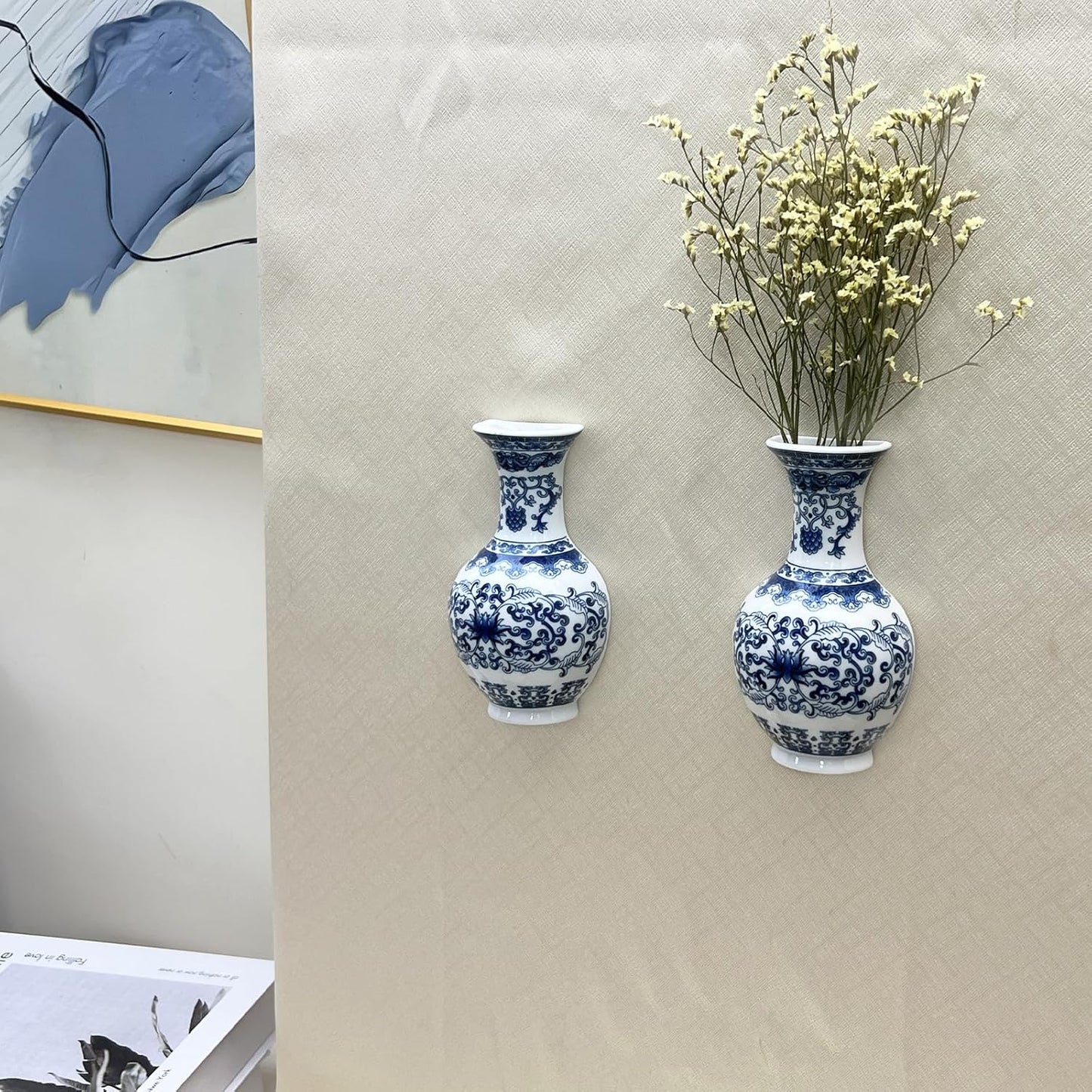 Set of Two Blue and White Porcelain Wall Vases for Flowers – Handmade Chinoiserie Ceramic Wall Mounted Flower Vase, Decorative Hanging Vases for Living Room, Bookshelf & Indoor Décor