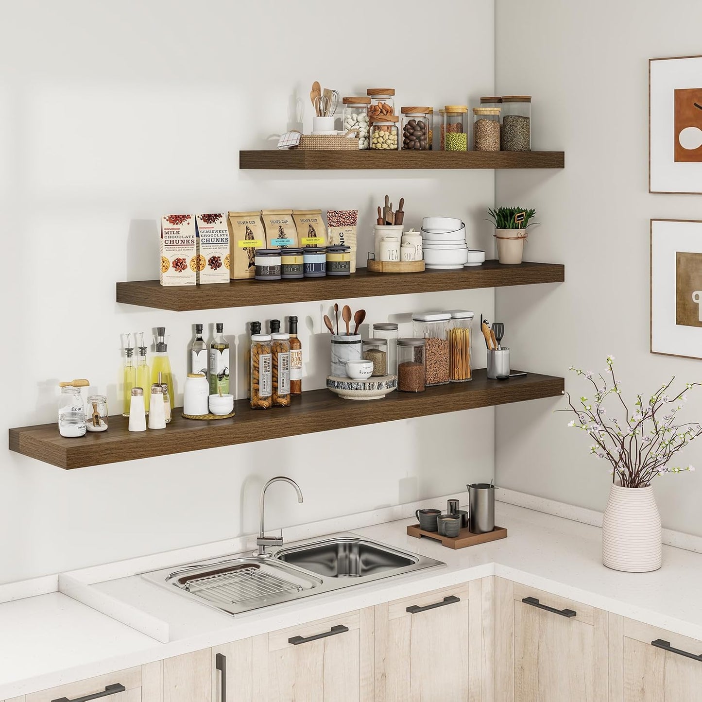 RICHFOCUS 40Inch Floating Shelves for Wall 2 Pack Shelves for Bedroom|Kitchen|Bathroom Wall Mounted Rustic Wood Floating Shelf with Invisible Brackets for Books|Storage|Decor, Walnut