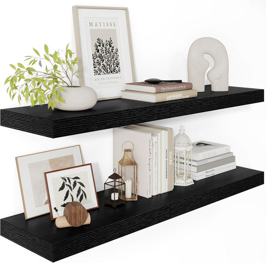 Black Floating Shelves for Wall 36 Inches Long, 12" Deep Wall Shelves 2" Thick, Heavy Duty Shelf for Bedroom, Bathroom, Living Room, Kitchen, Office, Home Decor, Modern Shelf Set of 2, 36" X 12" X 2"