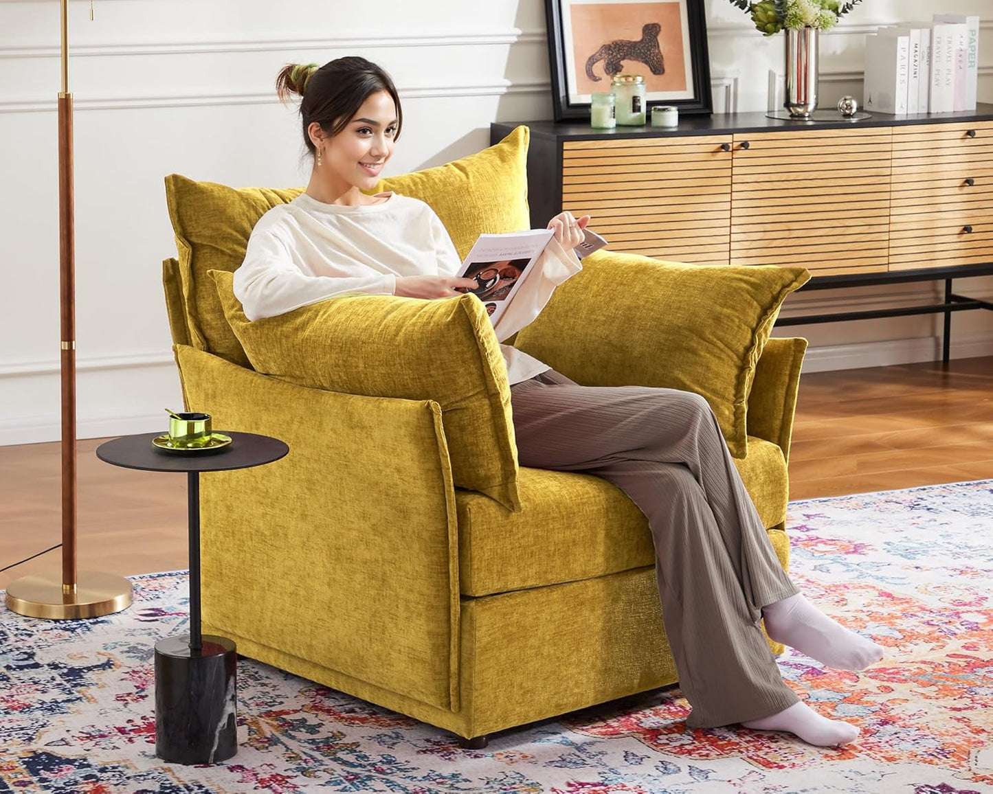 Oversized Accent Chair, Upholstered Modern Sofa Chair with Removable Backrest & Detachable Cover, 24.5" Deep Seat Large Reading Armchair for Living Room Bedroom Office-Chenille Yellow Set of 2
