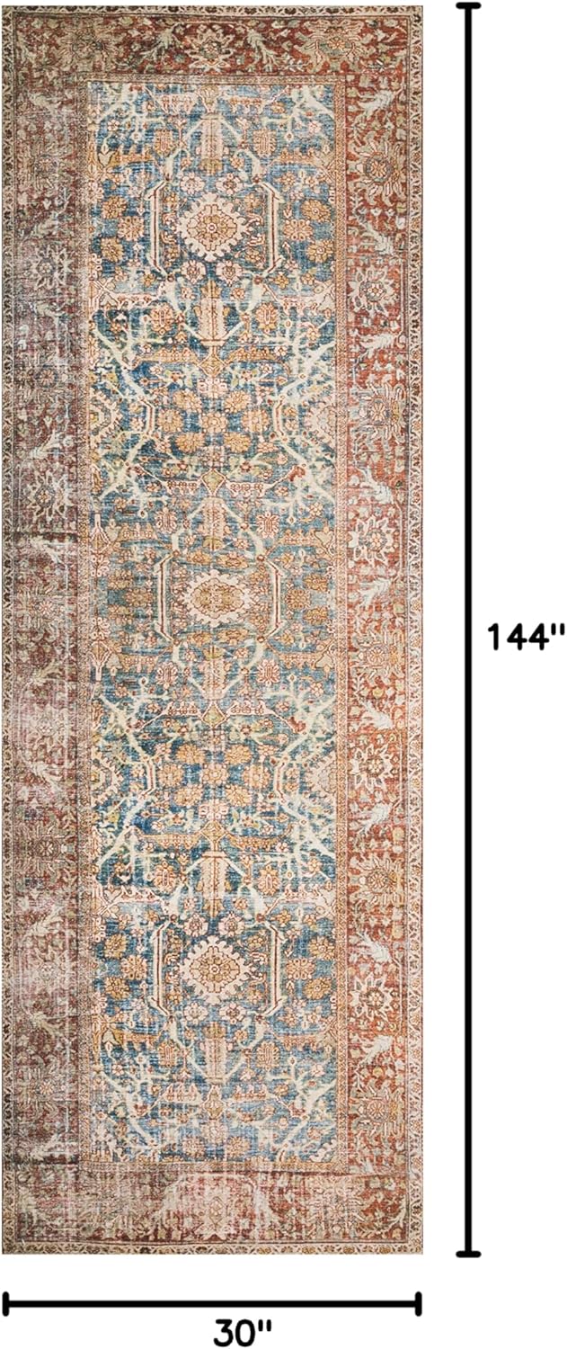 Loloi Layla Collection LAY-04 Ocean/Rust 2'-6" x 12'-0" .13" Thick Runner Rug, Soft, Durable, Vintage Inspired, Distressed, Low Pile, Non-Shedding, Easy Clean, Printed, Living Room Rug