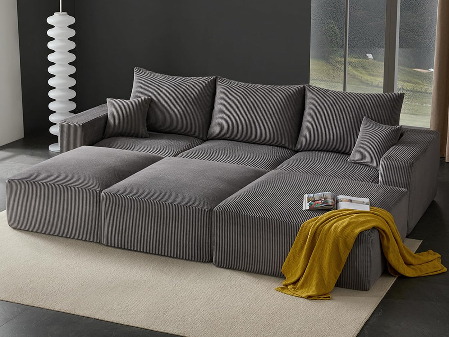 Boneless Sectional Cloud Couch Sofa Bed for Living Room, 112" Modular Modern Lounge 3 Seater Sleeper Grey Couches with Chaise, No Assemble, Cordury Compression Upholstered Sofas