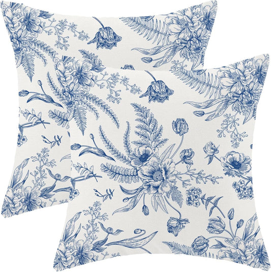 CXMEIFLY Spring Floral Leaves Pillow Covers 20 x 20 Inch Set of 2 for Chinoiserie Flowers Decor Throw Pillows Blue and White Seasonal Plant Outdoor Decorative Cushion Cases for Couch Bed Decorations