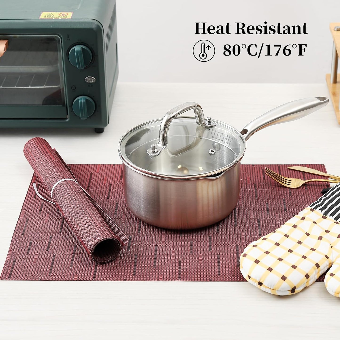 Leetaltree Burgundy Placemats Set of 4 - Heat Resistant Non-Slip Place mats for Dining Table, Washable Durable PVC Vinyl Woven Table Mats（Burgundy, 4）