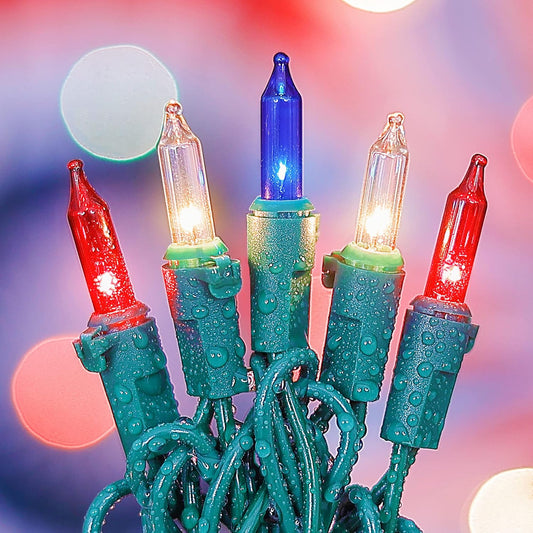 50 Count Red White and Blue Mini String Lights with Green Wire,Connectable 13ft 120V Waterproof 4th of July Patriotic Incandescent Lights, Independence Day Lights for Outdoor Indoor Decor