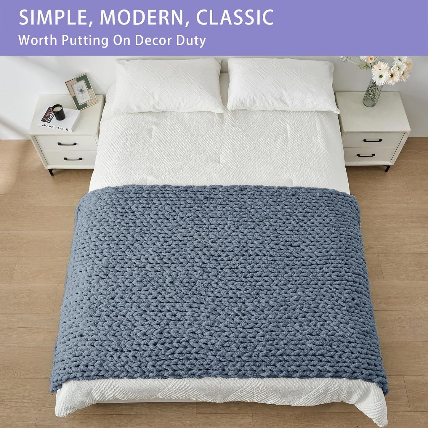 Bigacogo Chunky Knit Throw Blanket for Couch, 40x80 inches, 100% Hand Knitted with Thick Jumbo Chenille Yarn, Cozy Soft Large Rope Knot Cable Crochet Blankets for Sofa Bed Living Room, Cold Sea Blue