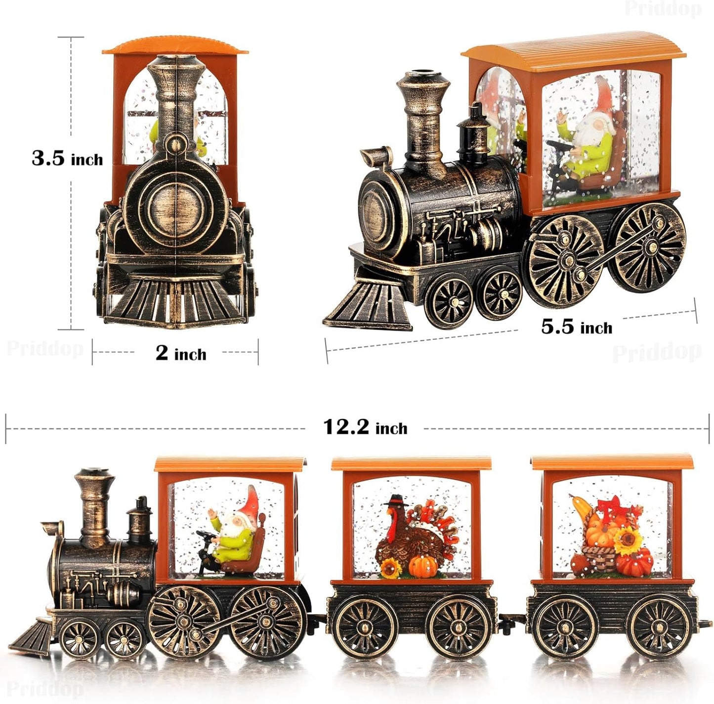 Fall Snow Globe Train Gnome Turkey Pumpkin Classic Relief Texture Battery Powered LED Glitter Fall Decorations for Home Autumn Harvest Thanksgiving Gifts