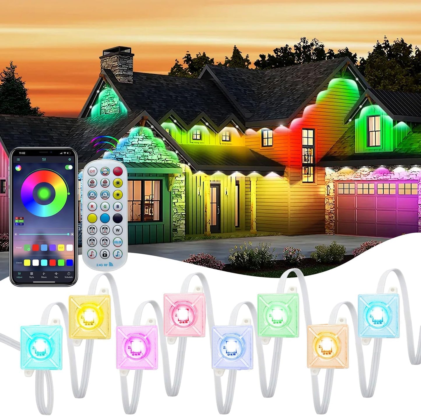 Permanent Outdoor Lights,Intelligent RGB+IC Outdoor Lights with a Wide Range of Scene Modes, IP67 Waterproof for Christmas Decorations,with App/Remote Control (100FT)