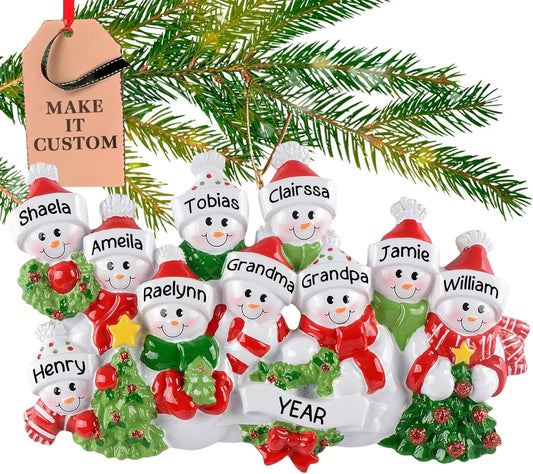 Personalized Large Family of 10 Ornament 2025 | Free 24h Customization | Laser Engraved Snowman Christmas Ornaments for Tree | Custom Gift Wrapped Festive Holiday Keepsake for Ten Persons