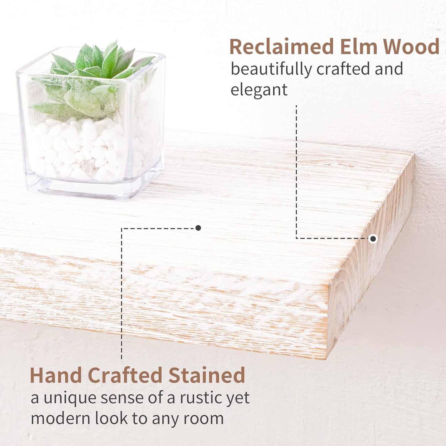 Axeman Floating Shelves for Wall, 24''W x 8''D Rustic Solid Elm Wood Wall Shelves for Storage, Wall Mounted Display Shelving with Invisible Heavy-Duty Metal Bracket (White Wash, 2PCs)